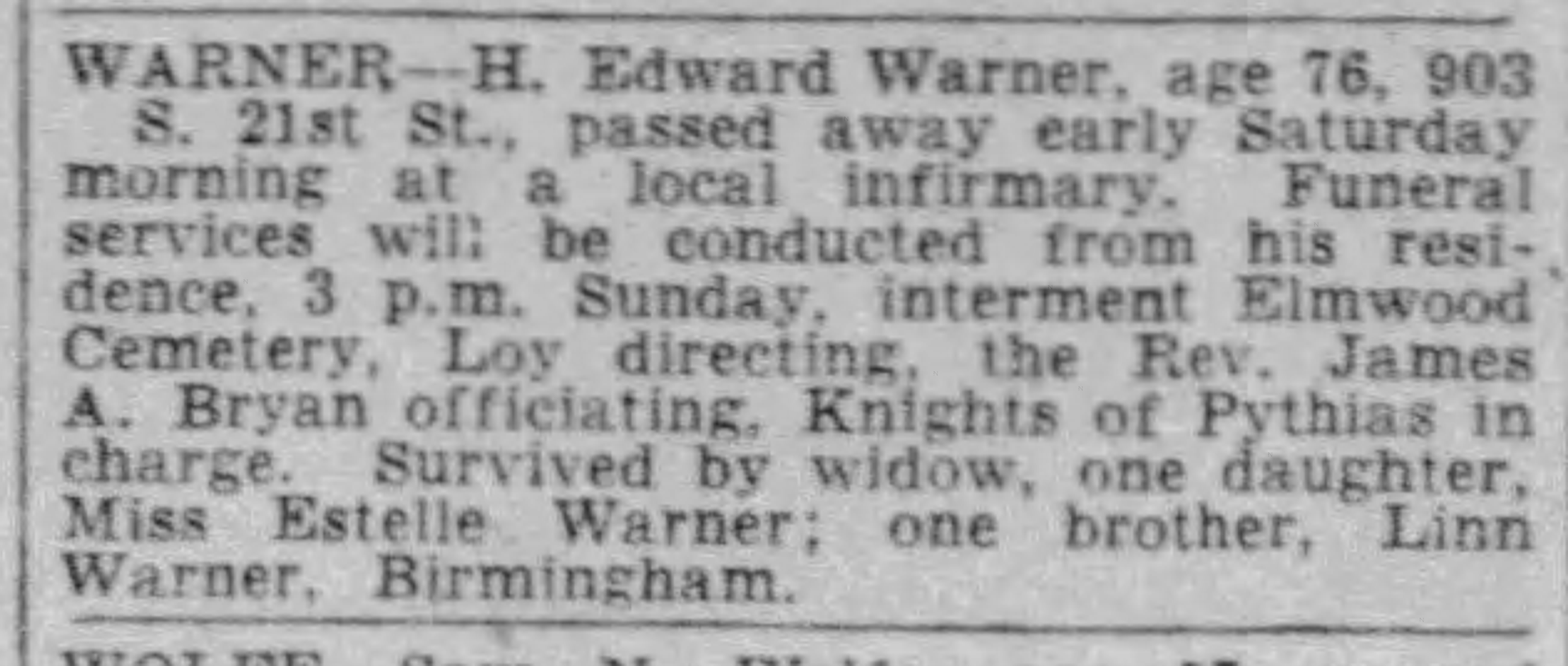 H. Edward Warner obituary